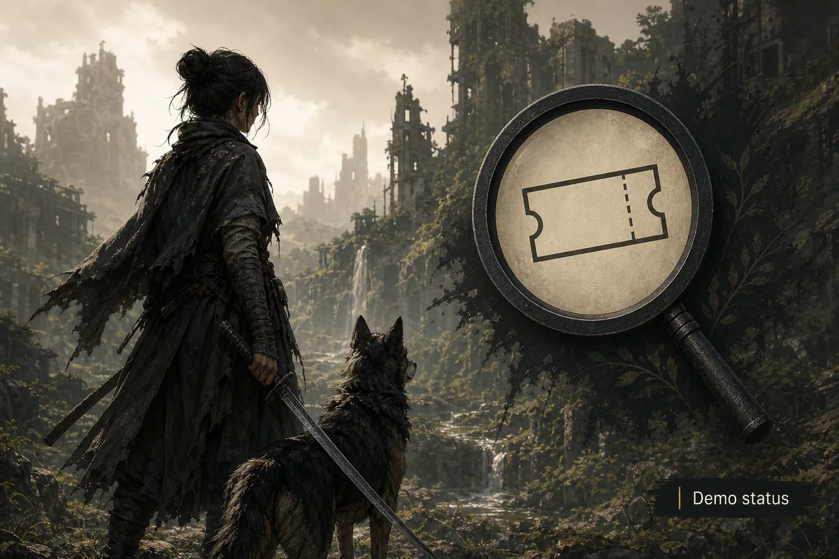 Unofficial editorial illustration showing Emma and Koo beside a neutral trial-ticket symbol while checking Beast of Reincarnation demo status.
