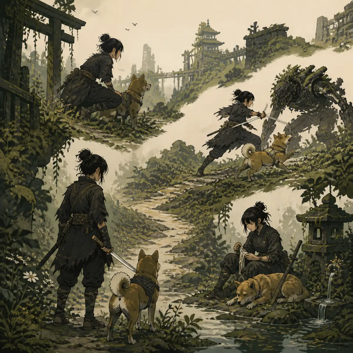 Unofficial editorial illustration of Emma and Koo moving from exploration to combat and recovery in a nature-reclaimed world.