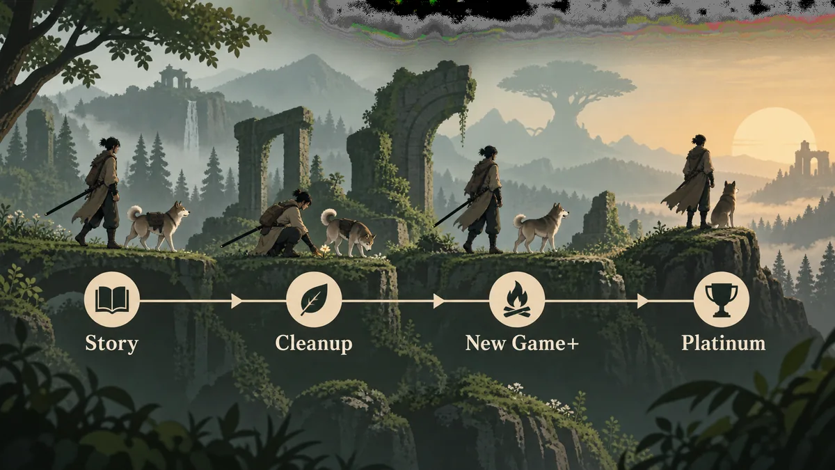 Rota editorial não oficial com uma viajante de espada e um cão passando por história, limpeza, Novo Jogo+ e platina.