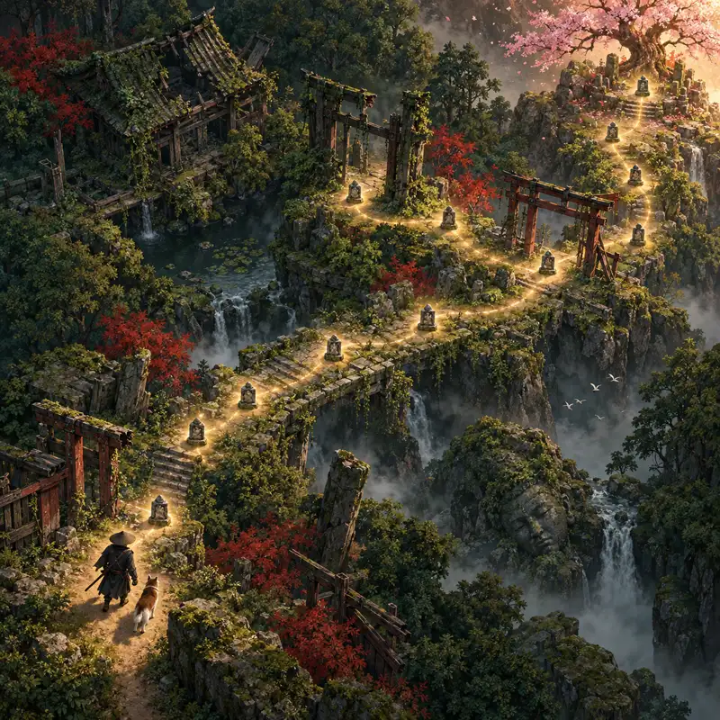 Illustrazione editoriale non ufficiale di un percorso di Beast of Reincarnation con tredici segnalini; non è una mappa del gioco.